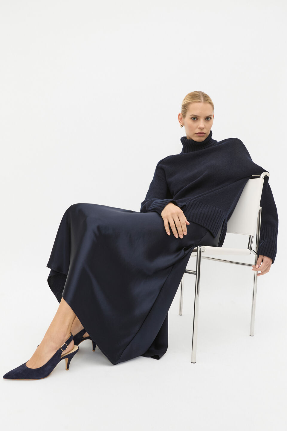 Merino Wool Roll Neck Side Split Knit  Twilight Blue