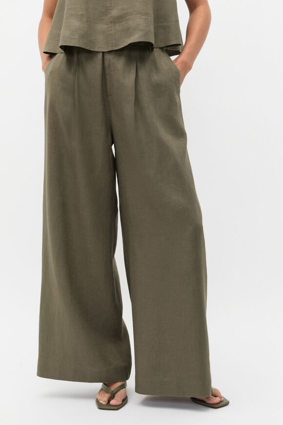 Linen Gathered Palazzo Pant  Olive Leaf  hi-res