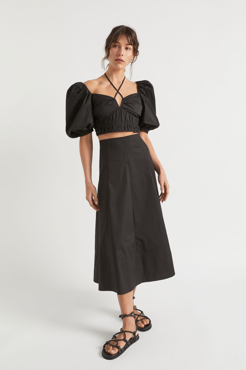 Sateen Tie Neck Top  Black