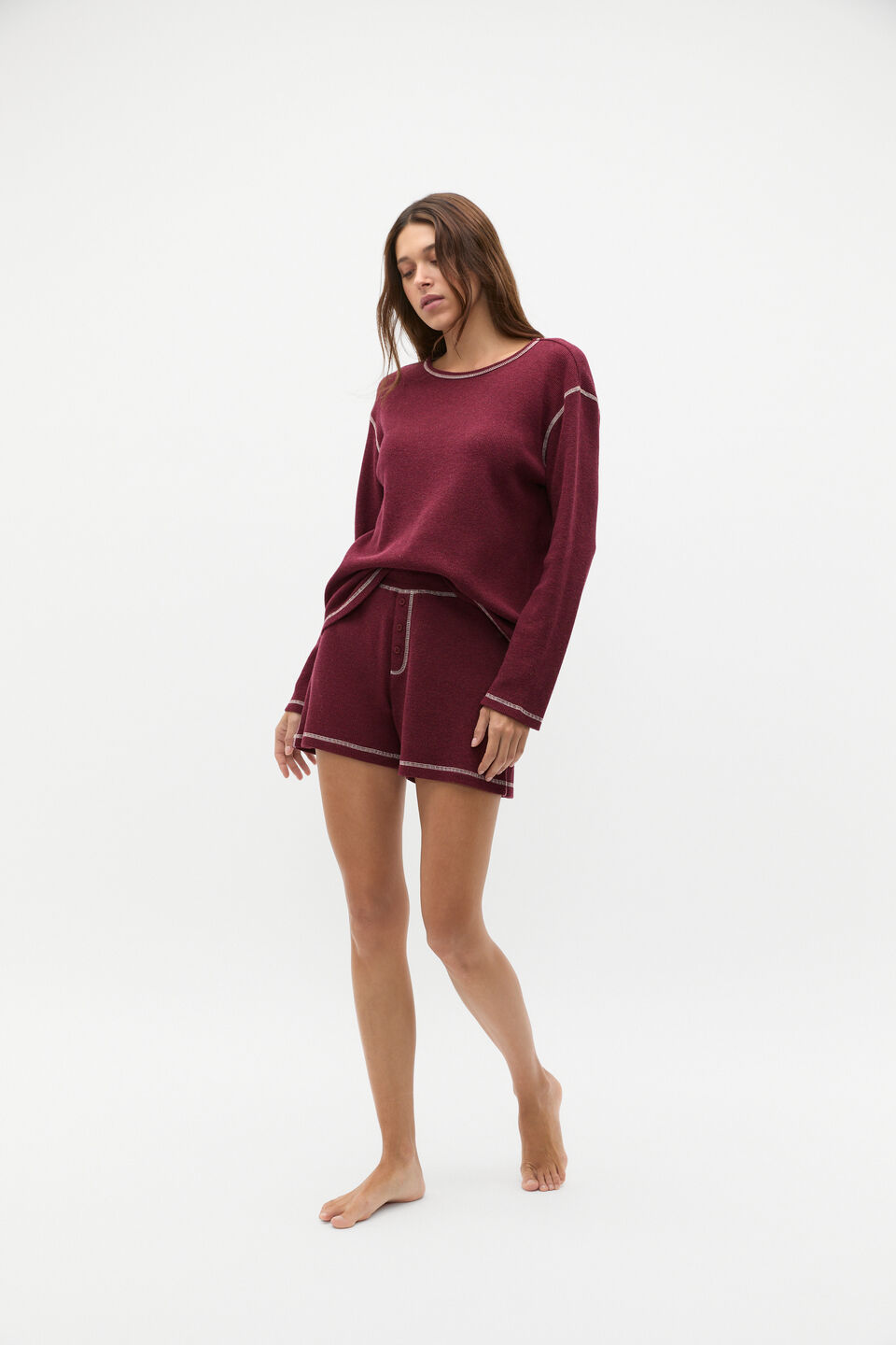 Contrast Long Sleeve and Short PJ Set  Plum Red Marle