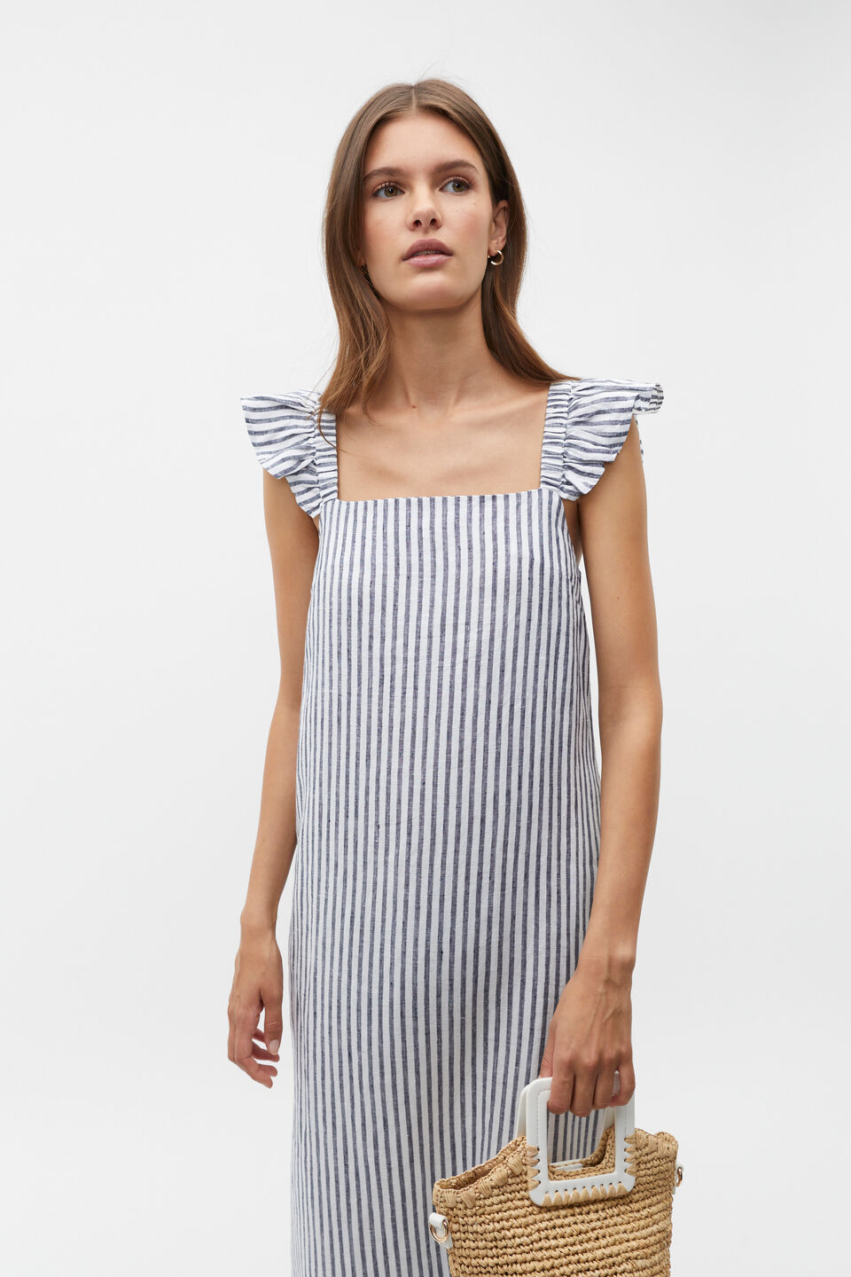Linen Flutter Sleeve Slip Dress  Midnight Sky Stripe