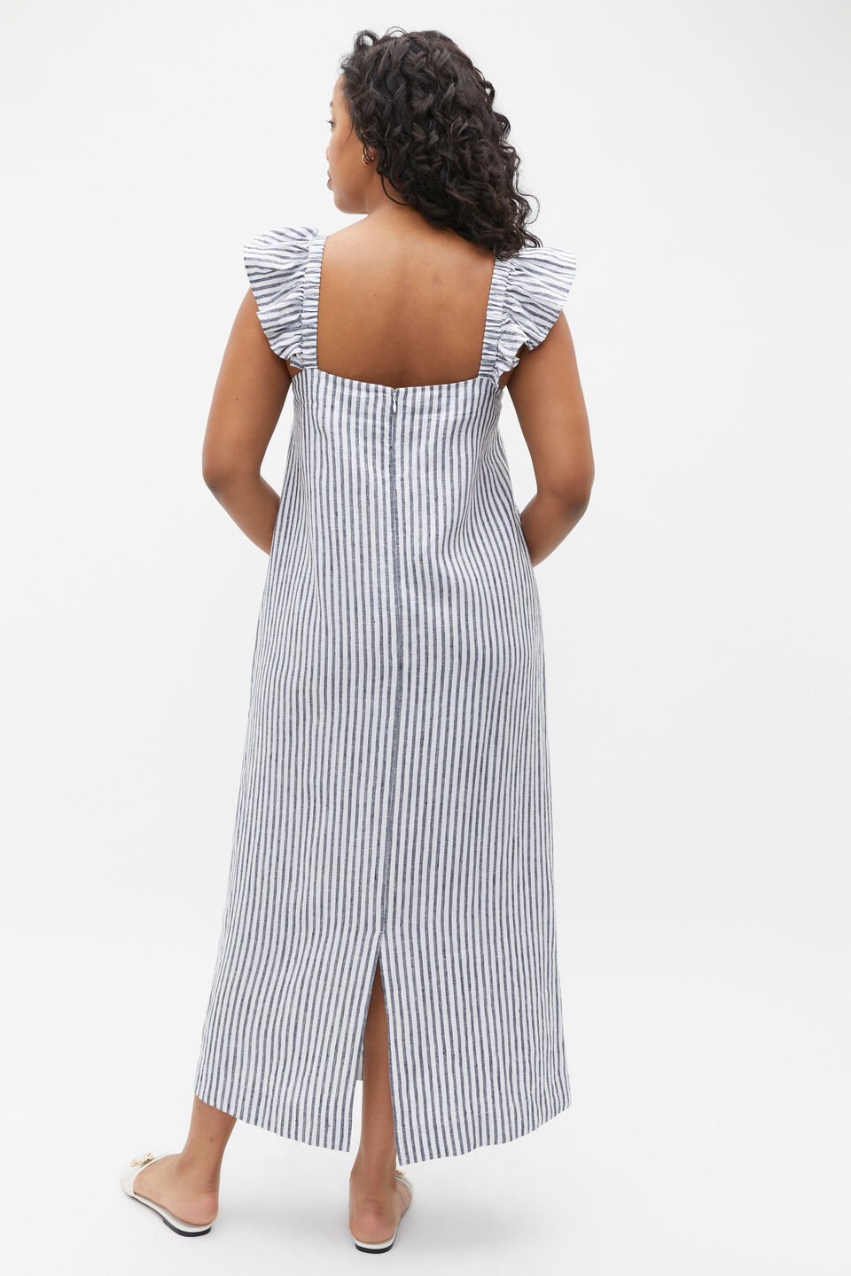 Linen Flutter Sleeve Slip Dress  Midnight Sky Stripe