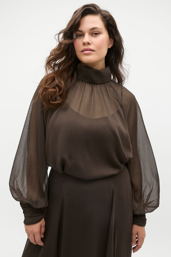 Chiffon Mock Neck Blouse  Dark Espresso  hi-res