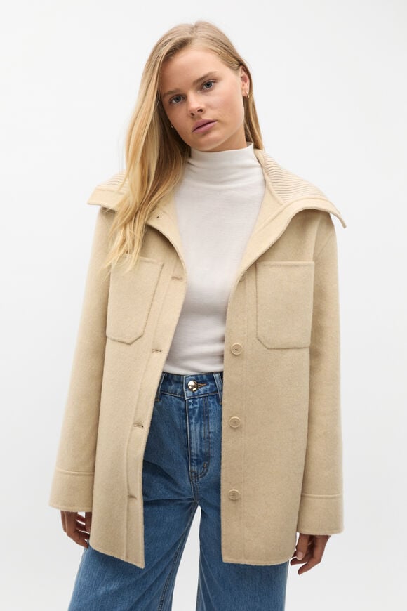 Wool Blend Rib Collar Shacket  Latte Marle  hi-res