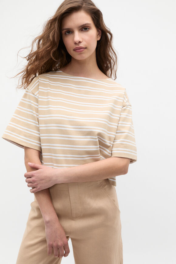 Cotton Boxy Split Hem Tee  Ecru Stripe  hi-res