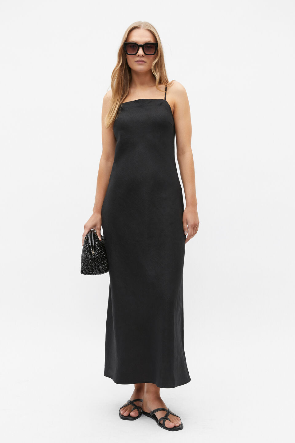 Core Linen Square Neck Slip Dress  Black