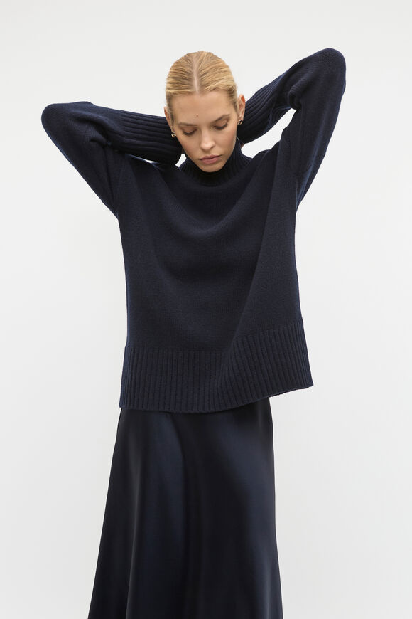 Merino Wool Roll Neck Side Split Knit  Twilight Blue  hi-res