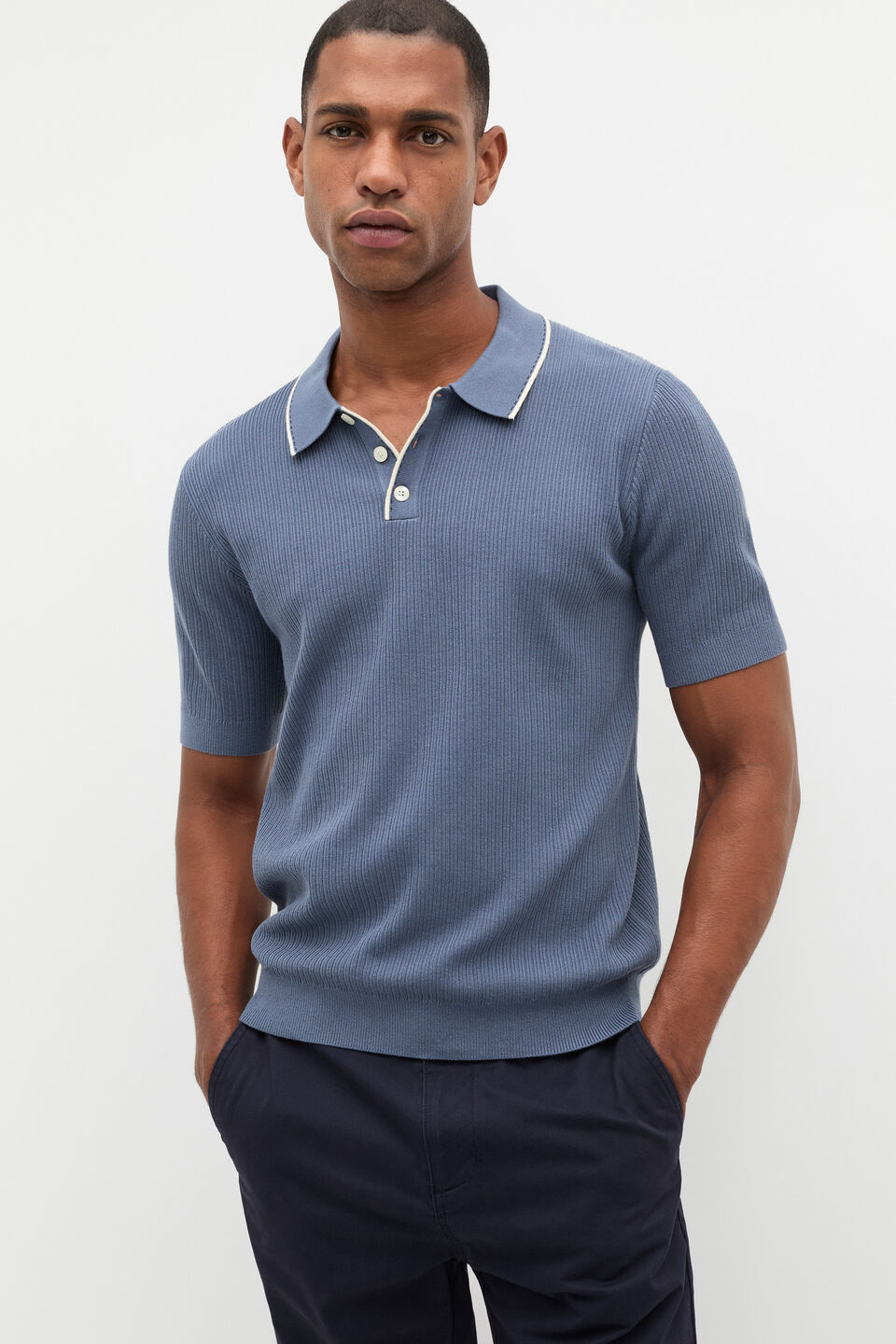 Ribbed Knit Polo  Storm Blue