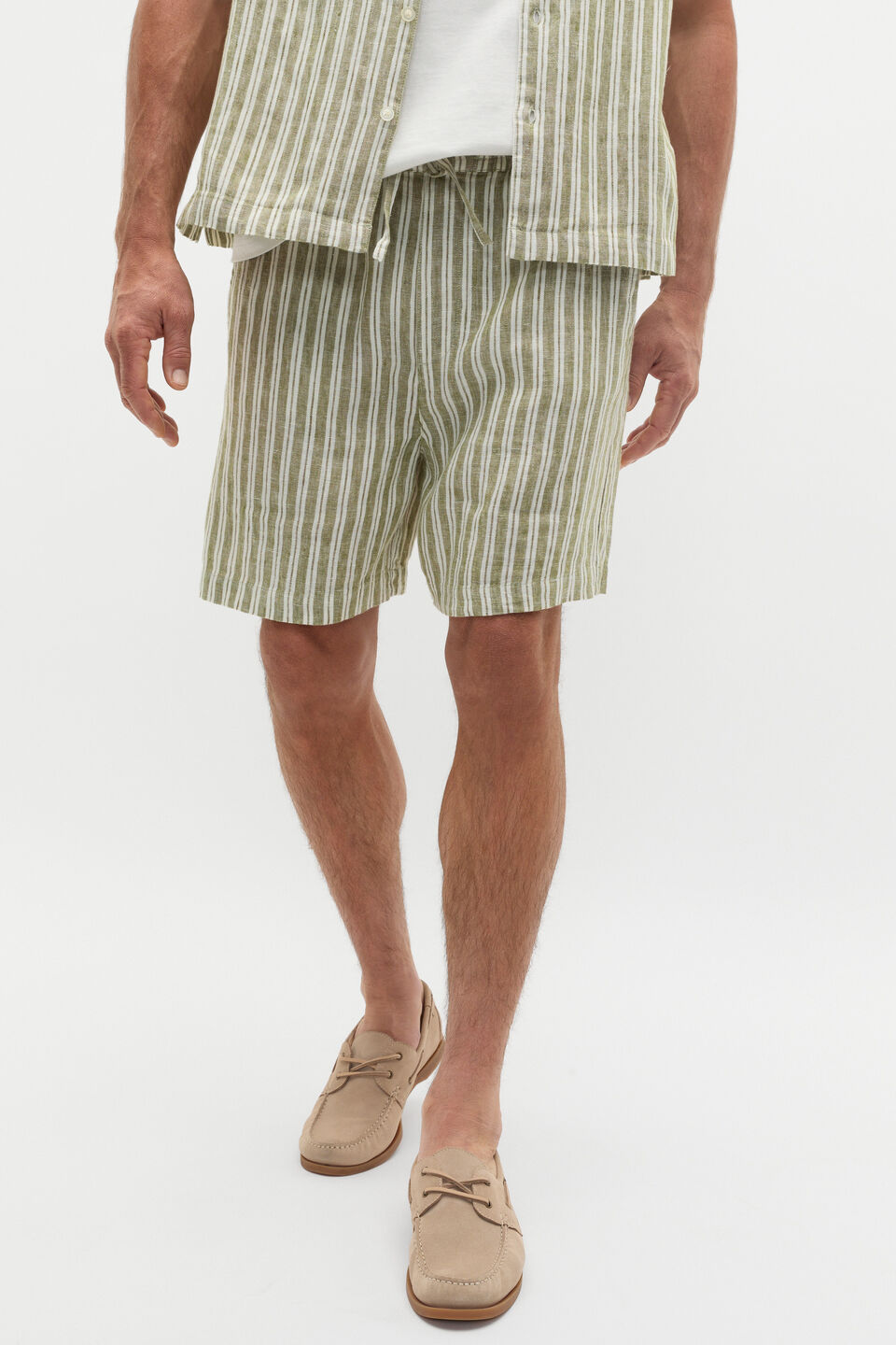 Linen Stripe Drawcord Short  Green Apple