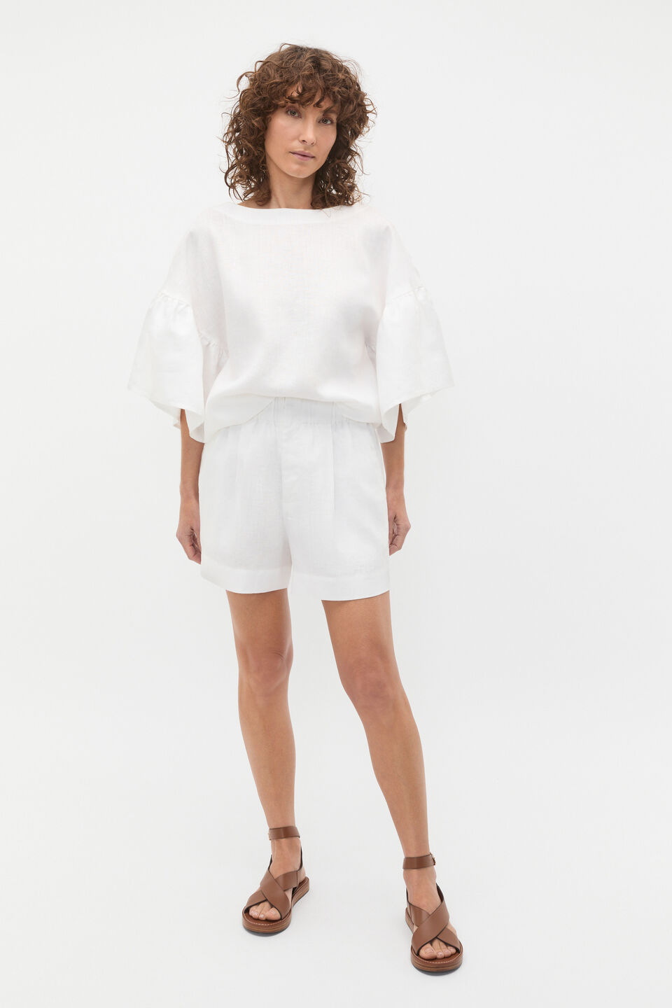 Linen Frill Sleeve Top  Whisper White