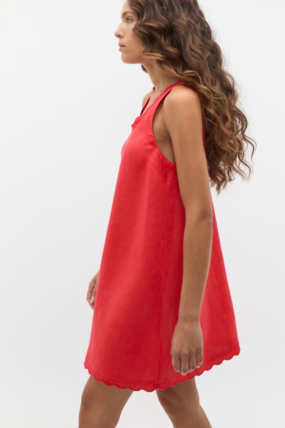Linen Wave Scallop Sleeveless Dress  Electric Crimson