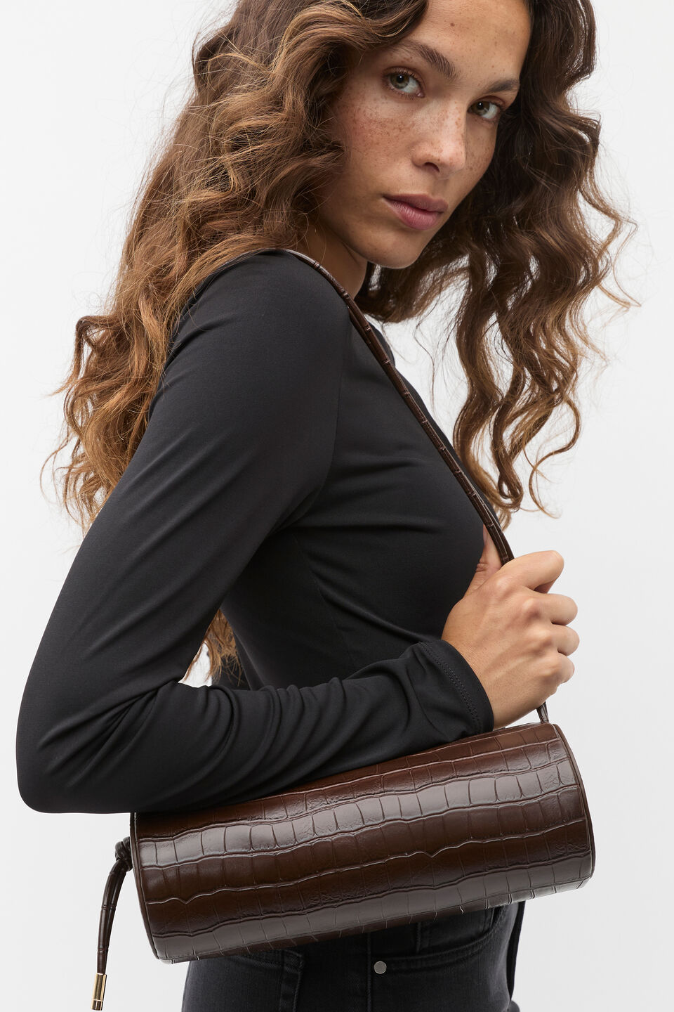 Barrel Shoulder Bag  Dark Espresso Croc