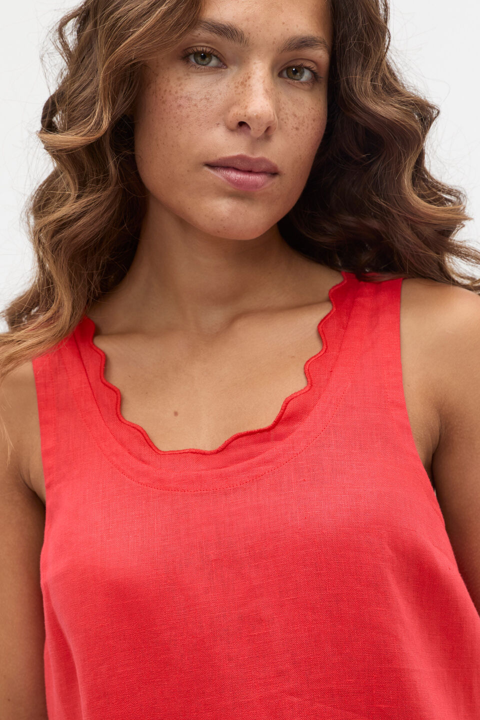 Linen Wave Scallop Sleeveless Dress  Electric Crimson