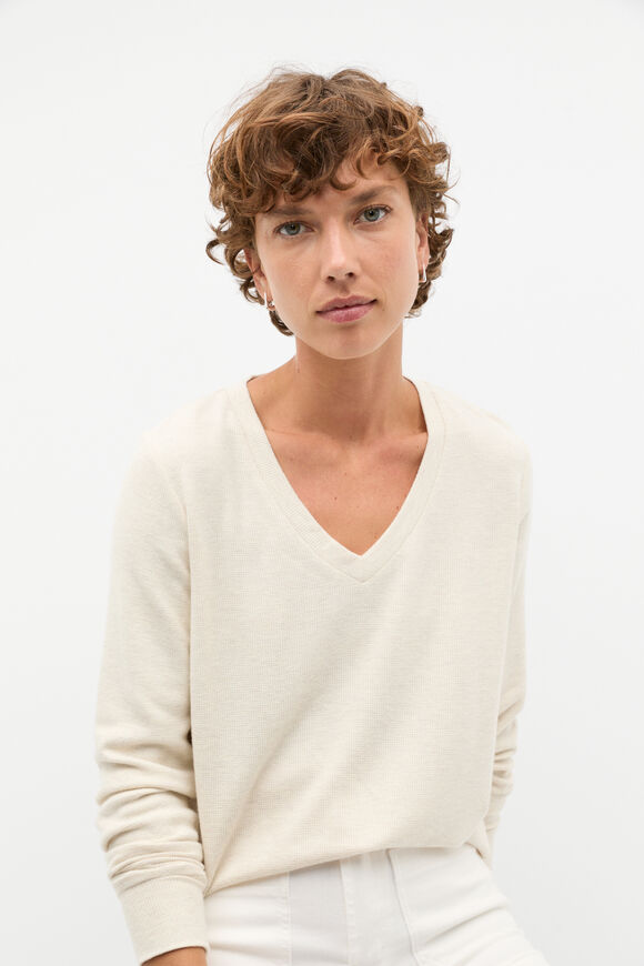 Supersoft Waffle V Neck Top  Oat Marle  hi-res