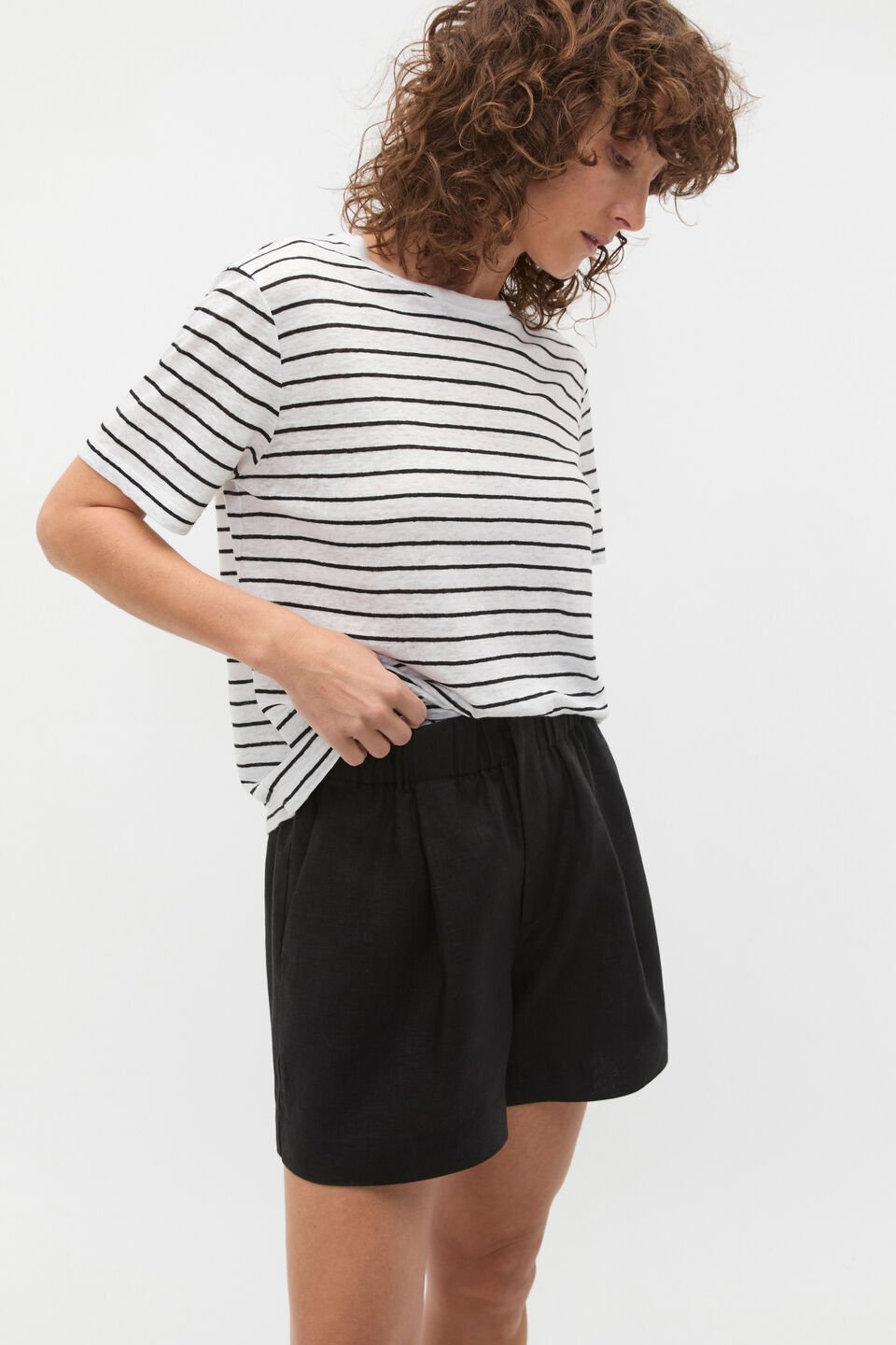 Linen Neat Tee  Black Stripe