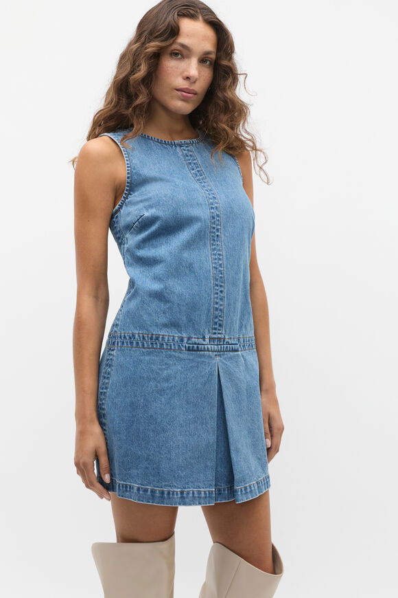 Denim Pleat Mini Dress  Ice Blue Wash  hi-res