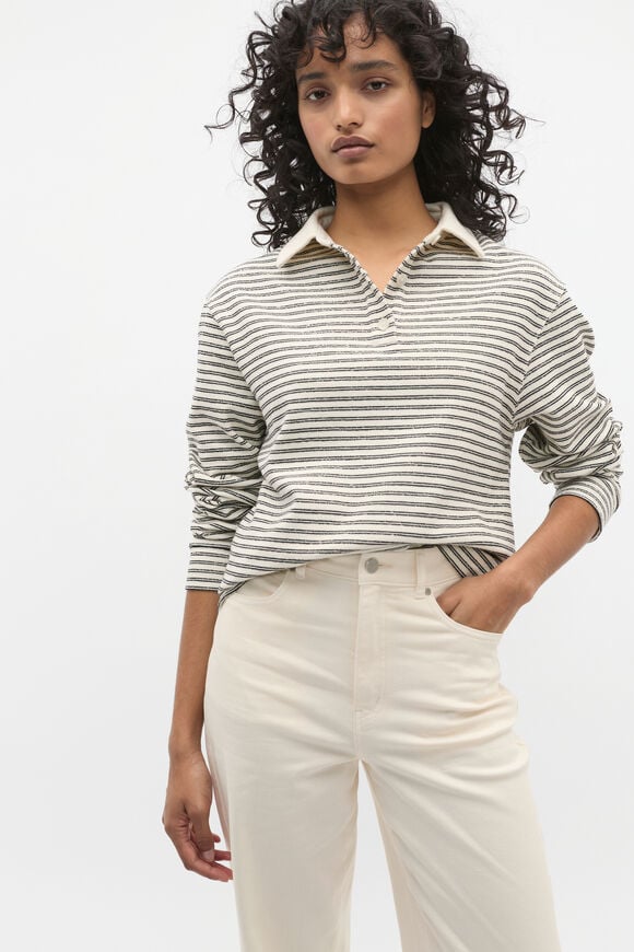Textured Stripe Polo Sweat  Coconut Cream Stripe  hi-res