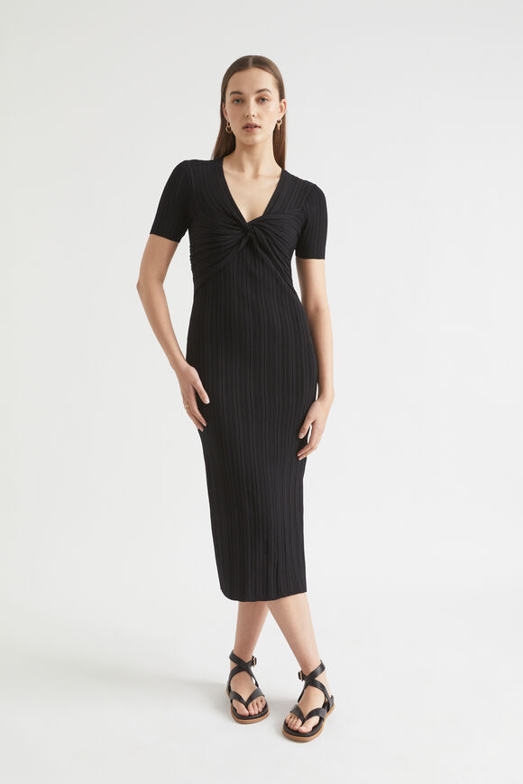 Rib Knit Twist Front Midi Dress  Black  hi-res