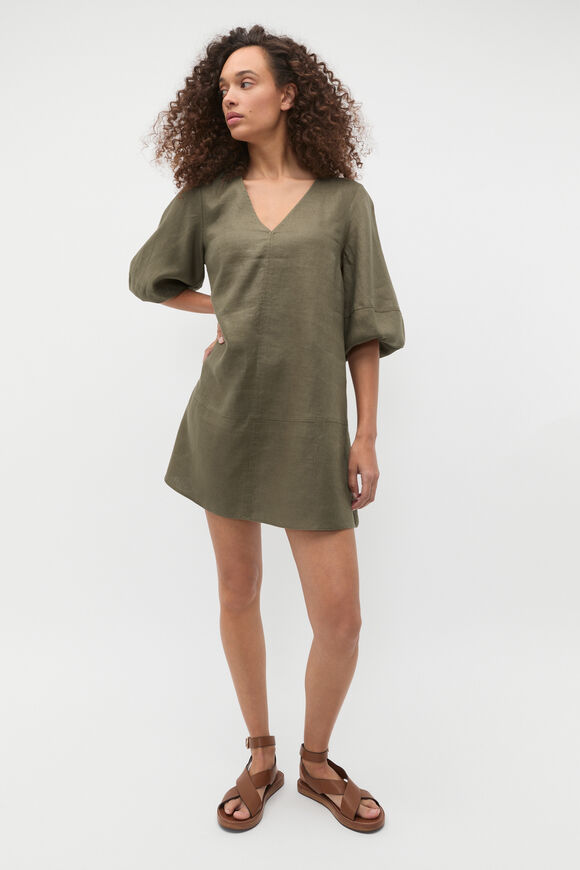 Linen V Neck Seam Detail Mini Dress  Olive Leaf  hi-res