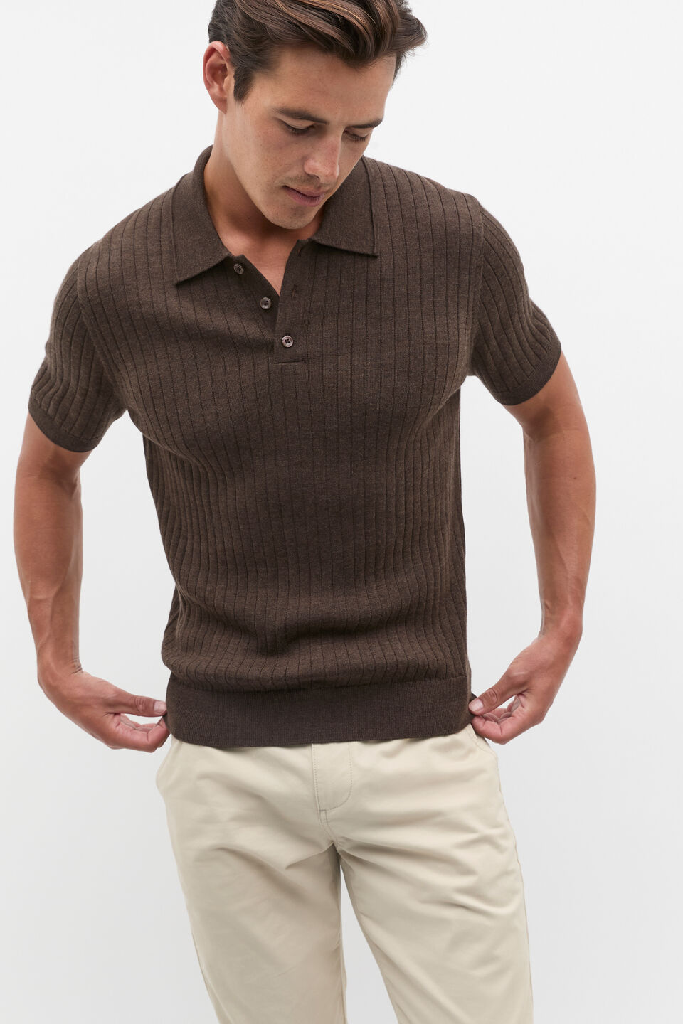 Merino Wool Polo  Dark Espresso Marle