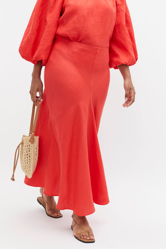 Linen Panel Insert Midi Skirt  Strawberry Red  hi-res