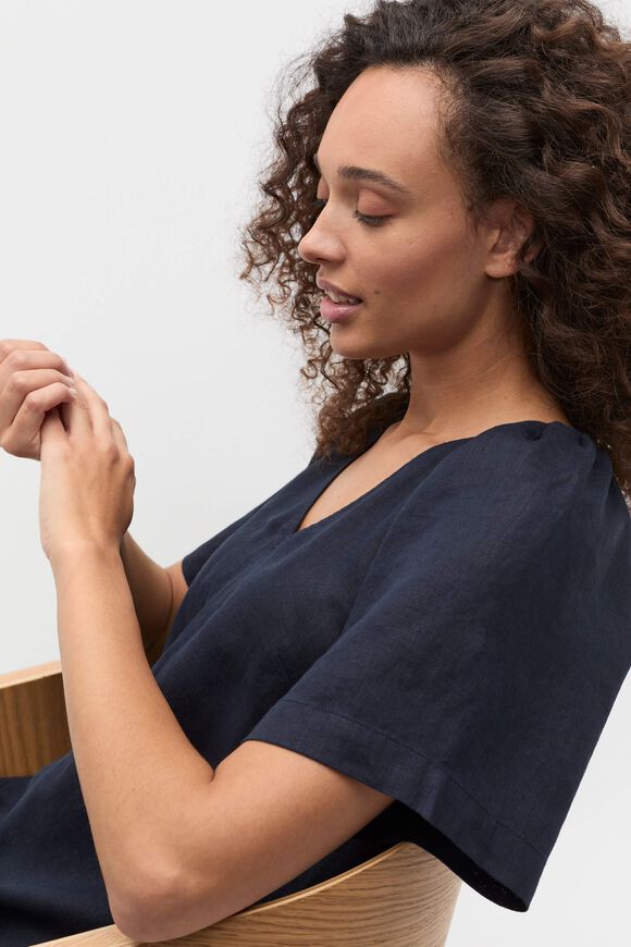 Linen V Neck Flutter Sleeve Mini Dress  Twilight Blue  hi-res