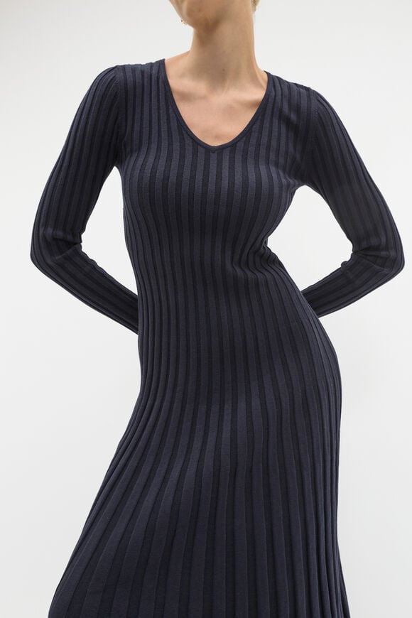 Pleated V Neck Knit Dress  Twilight Blue  hi-res