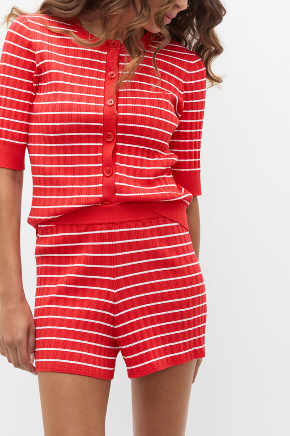 Stripe Rib Knit Short Sleeve Cardigan  Electric Crimson Stripe  hi-res