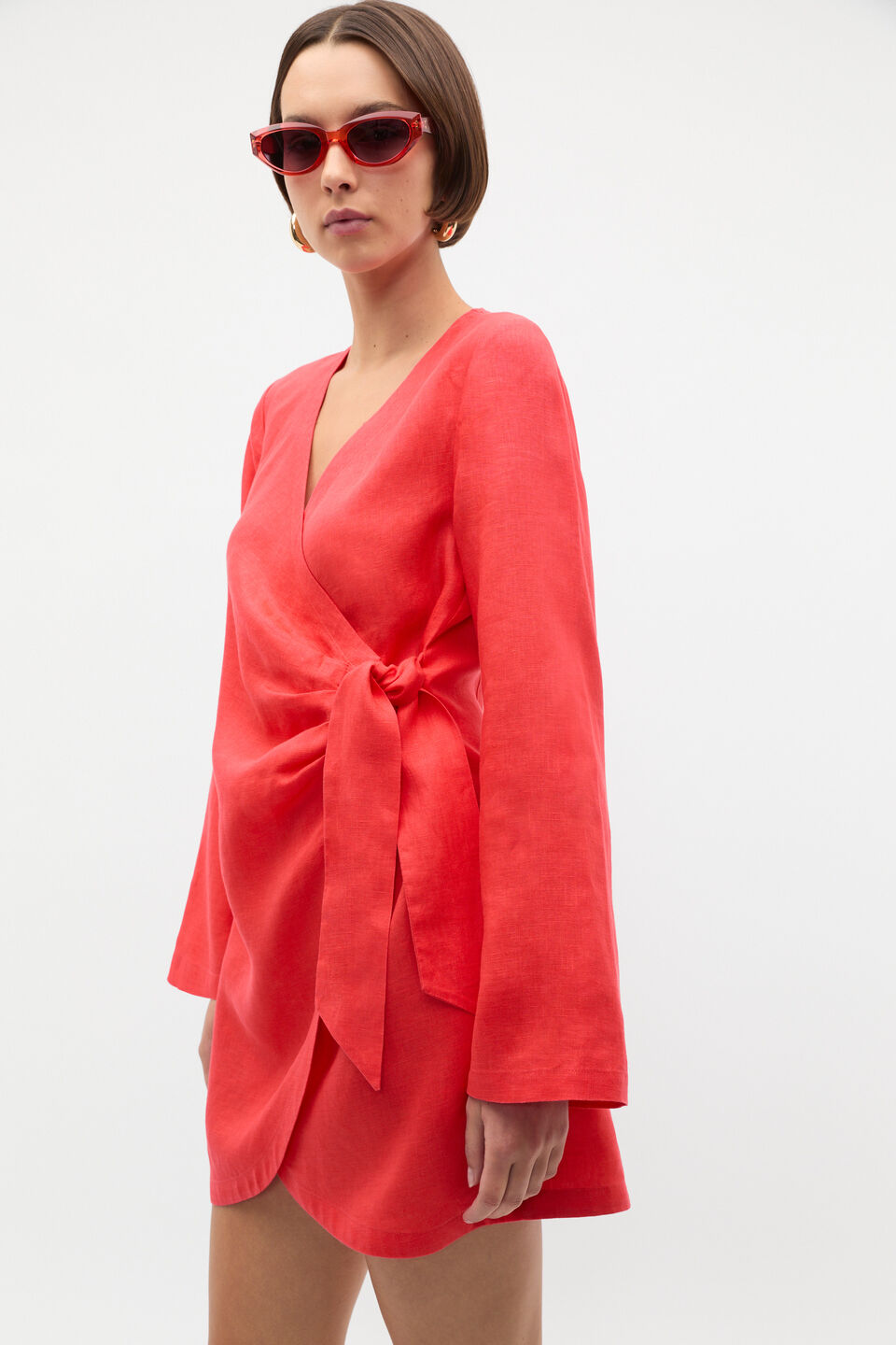 Linen Wrap Mini Dress  Electric Crimson