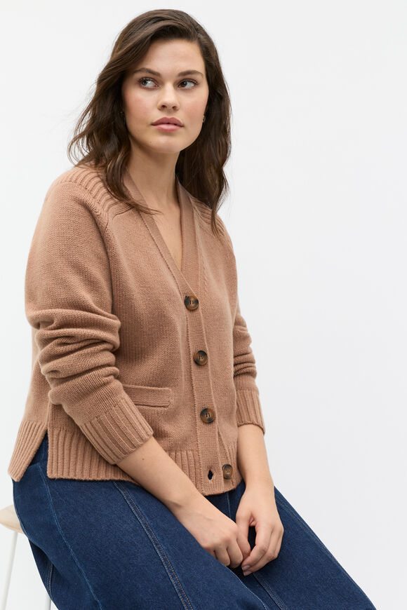 Merino Wool V Neck Pocket Cardigan  Amaretto  hi-res