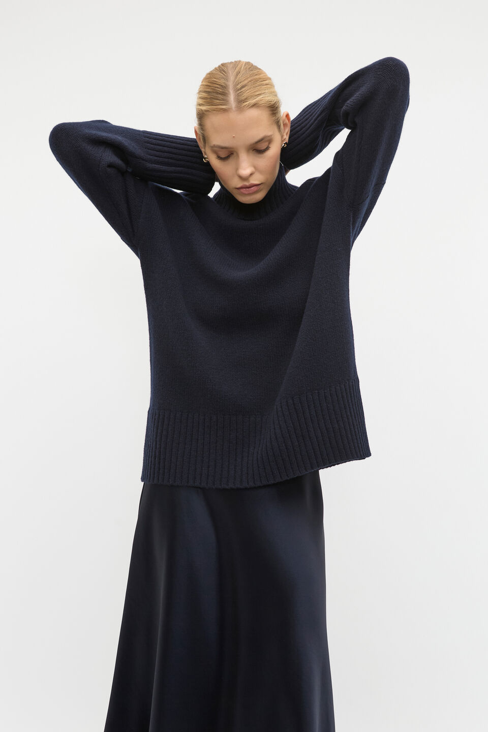 Merino Wool Roll Neck Side Split Knit  Twilight Blue