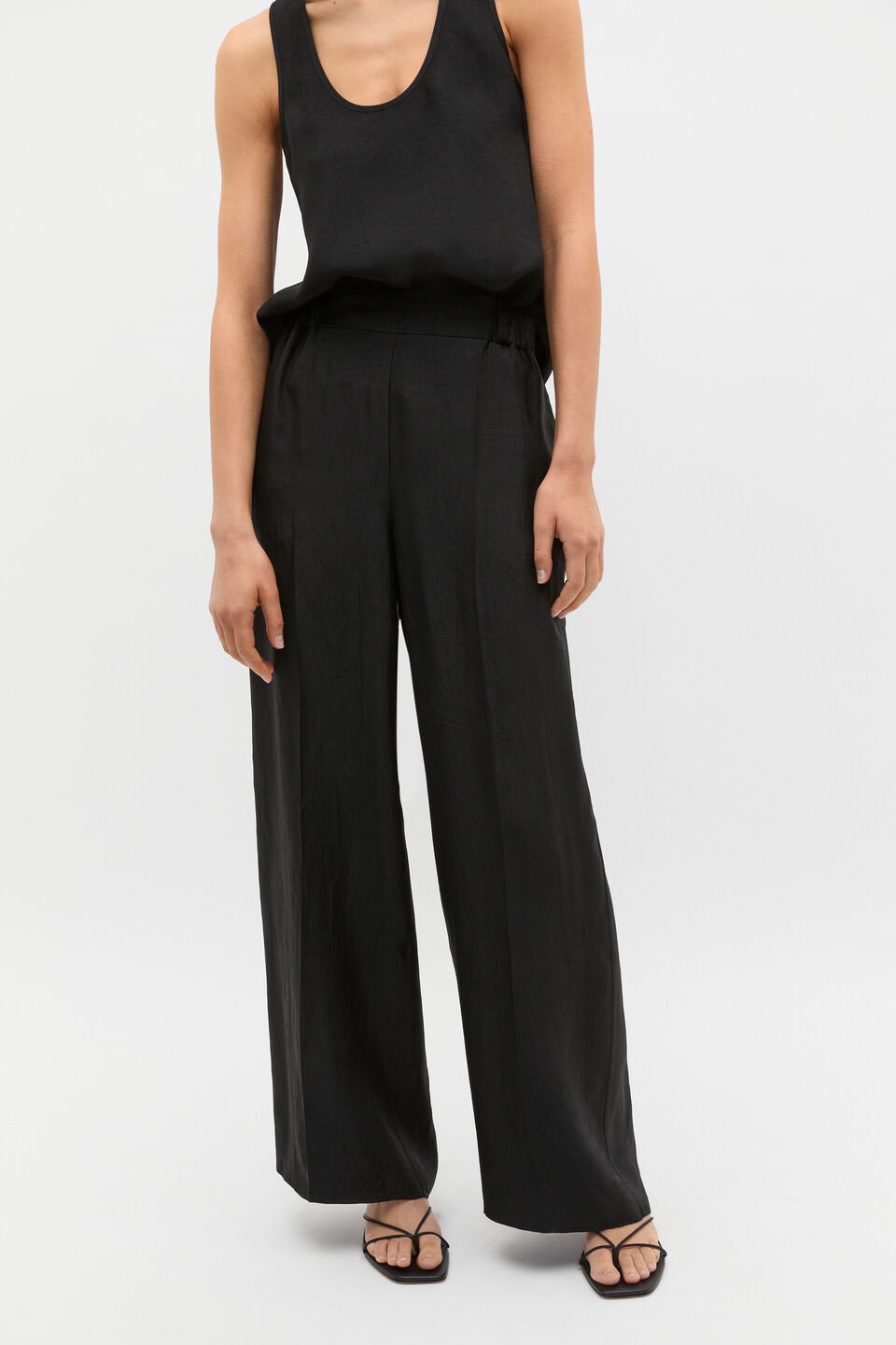 Crinkled Satin Palazzo Pant  Black