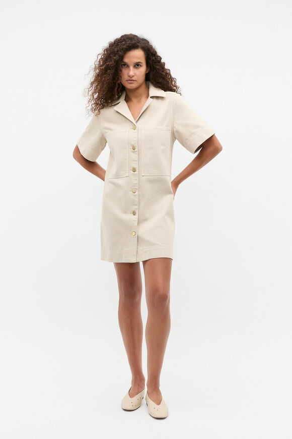 Denim Button Through Mini Dress  Oat  hi-res
