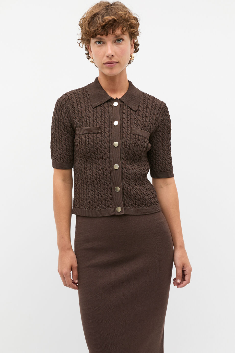 Crepe Knit Cable Cardigan  Dark Espresso