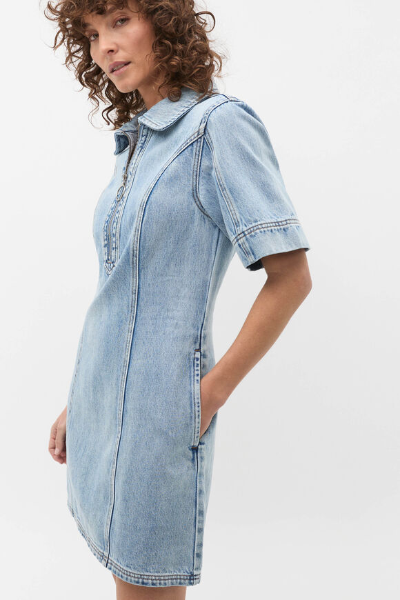Denim Zip Mini Shirt Dress  Blue Wash  hi-res