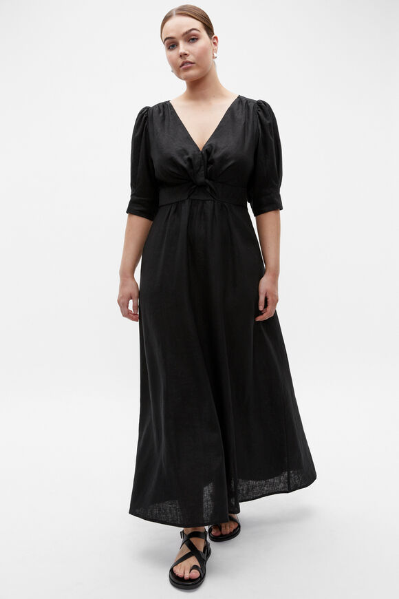 Linen Twist Front Midi Dress  Black  hi-res