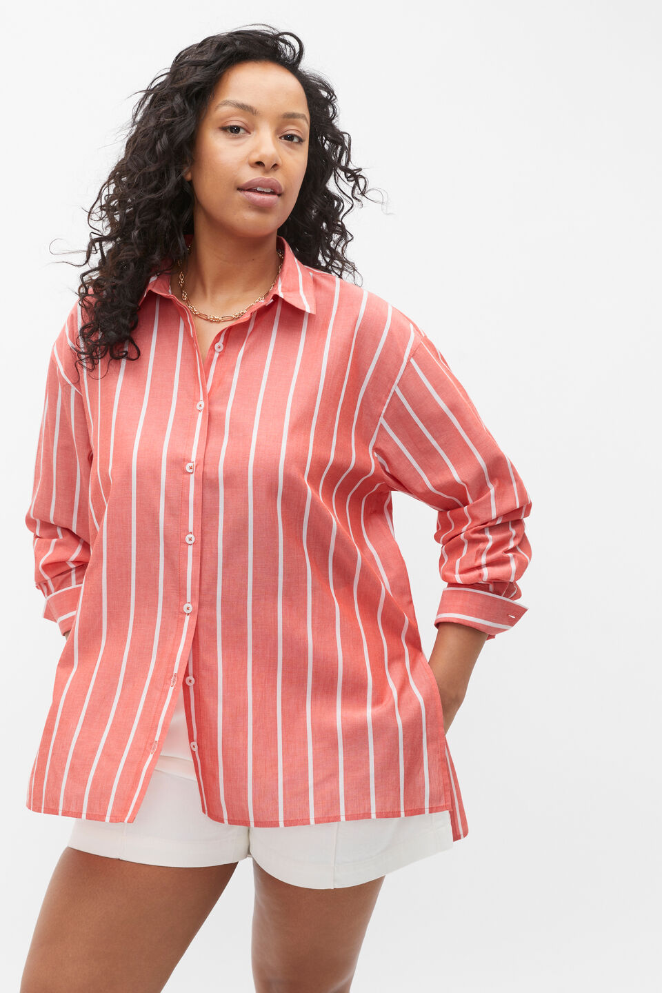 Voile Oversized Stripe Shirt  Strawberry Red Stripe