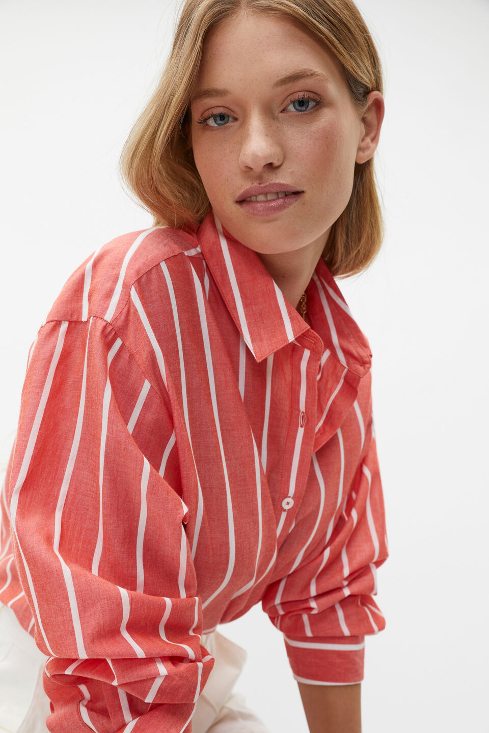 Voile Oversized Stripe Shirt  Strawberry Red Stripe