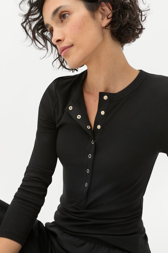 Core Rib Henley Top  Black  hi-res