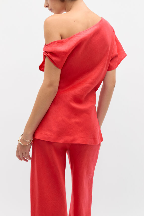 Linen Draped Split Hem Top  Electric Crimson  hi-res
