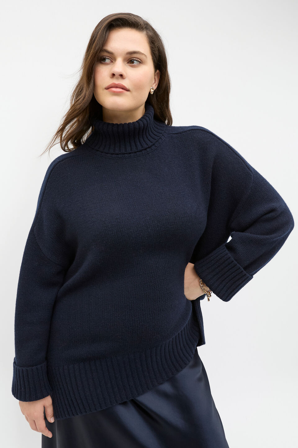 Merino Wool Roll Neck Side Split Knit  Twilight Blue