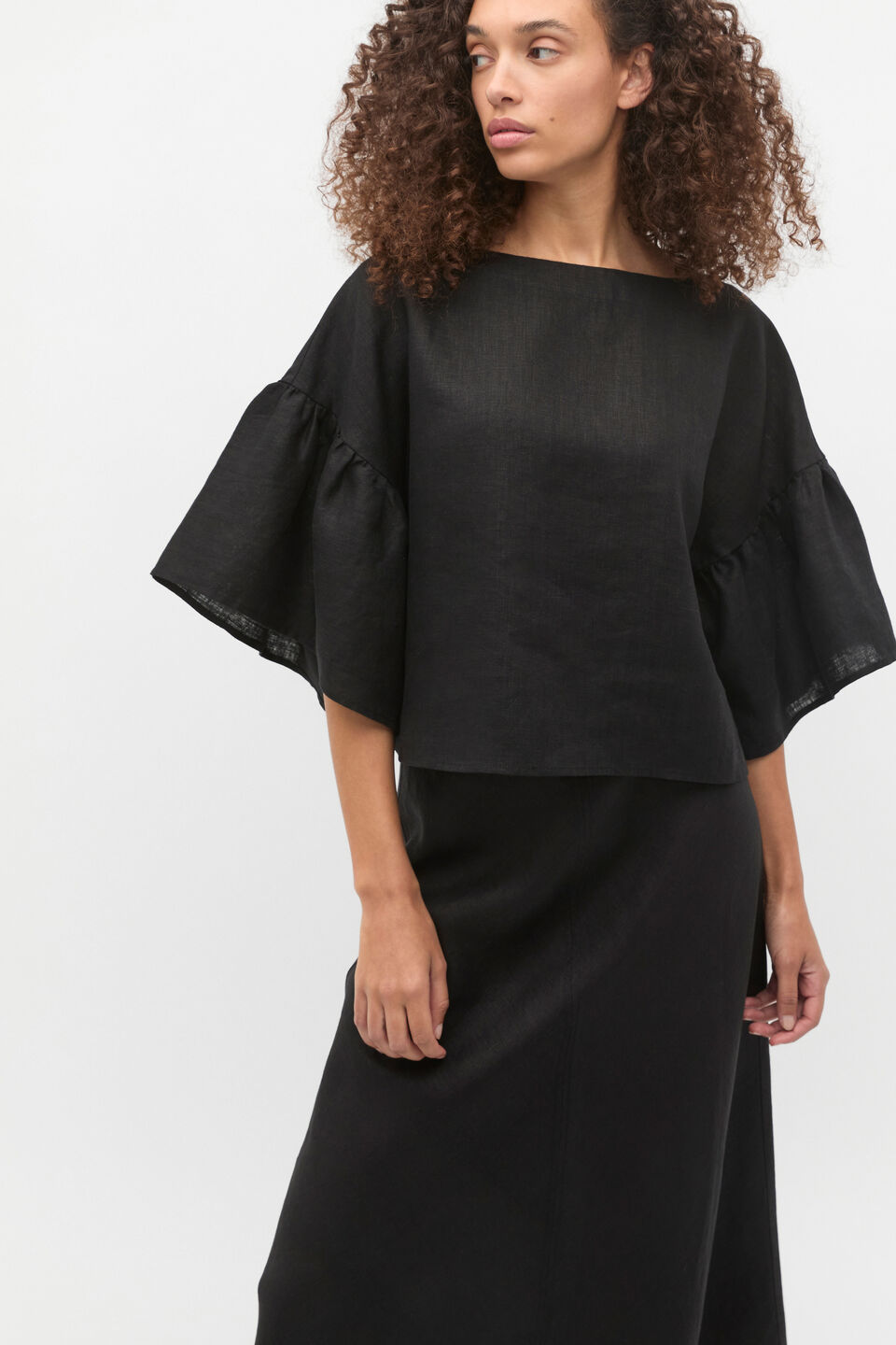 Linen Frill Sleeve Top  Black