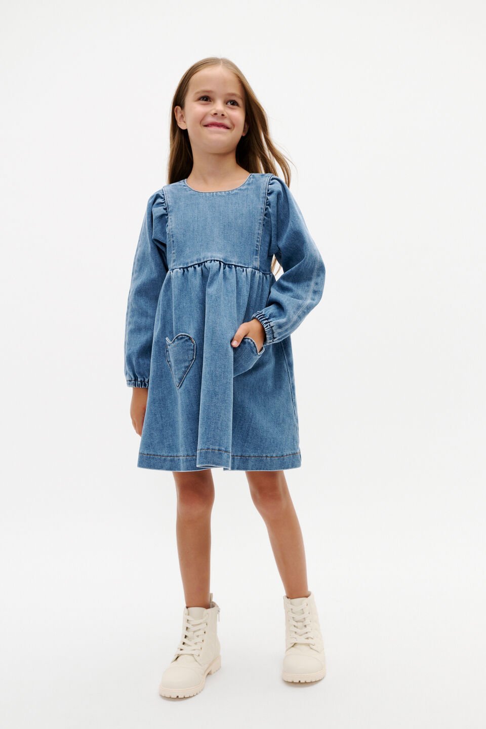 Heart Denim Dress  Mid Blue Wash