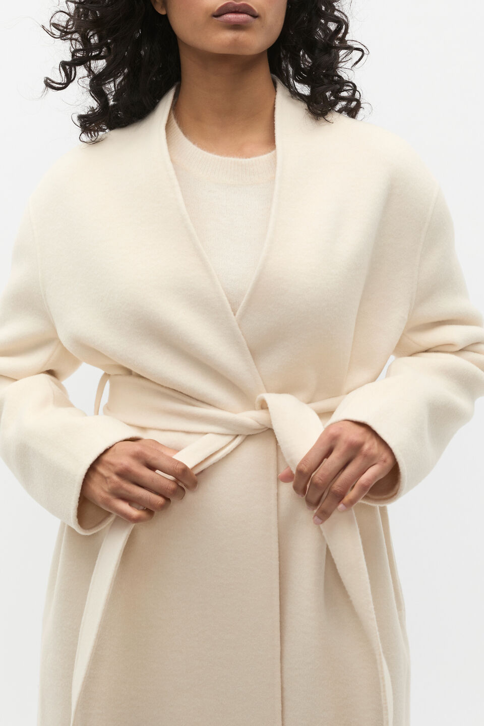 Wool Blend Belted Midi Coat  Coconut Cream Marle