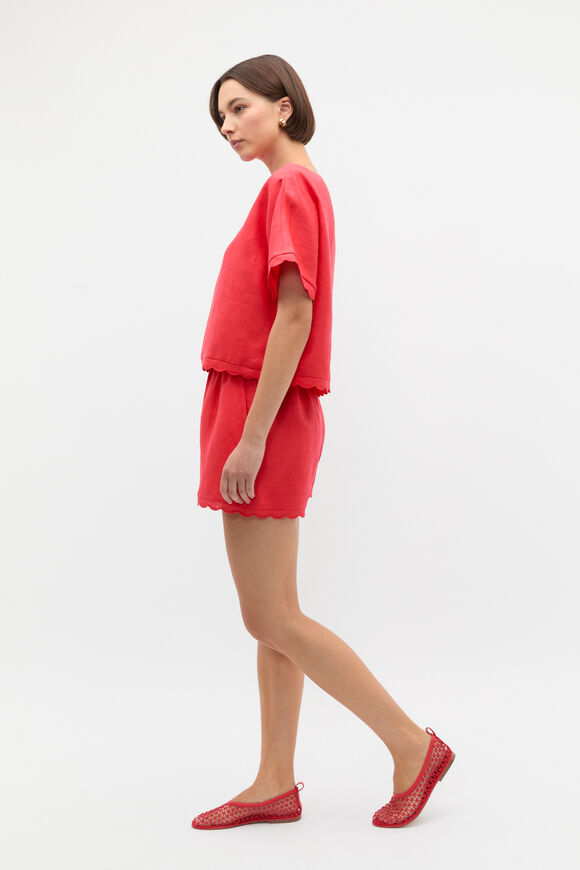 Linen Wave Scallop Boxy Tee  Electric Crimson  hi-res