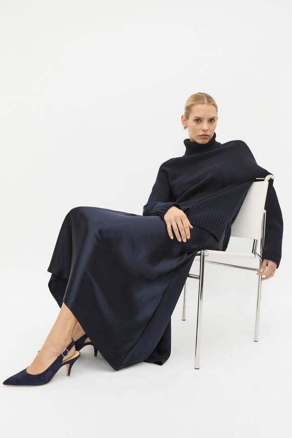 Merino Wool Roll Neck Side Split Knit  Twilight Blue  hi-res