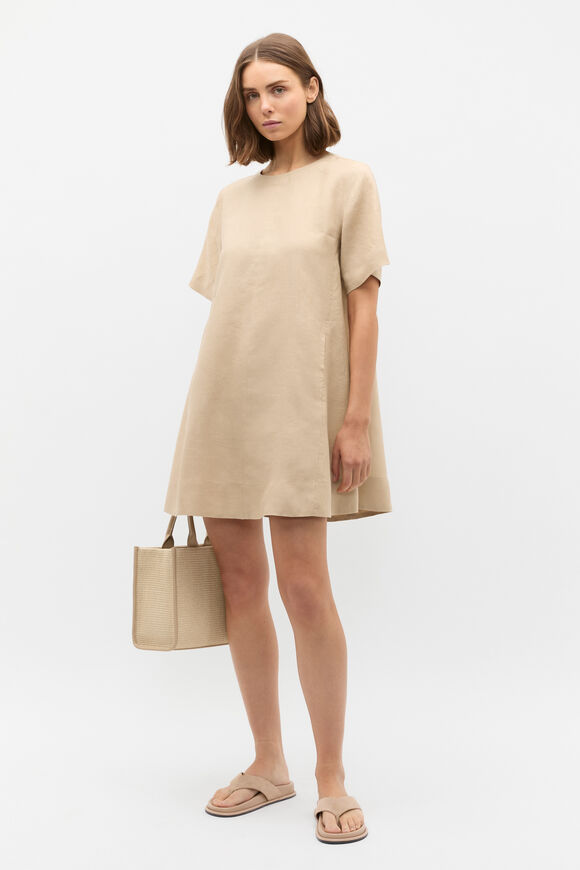 Linen Short Sleeve Mini Dress  Iced Latte  hi-res