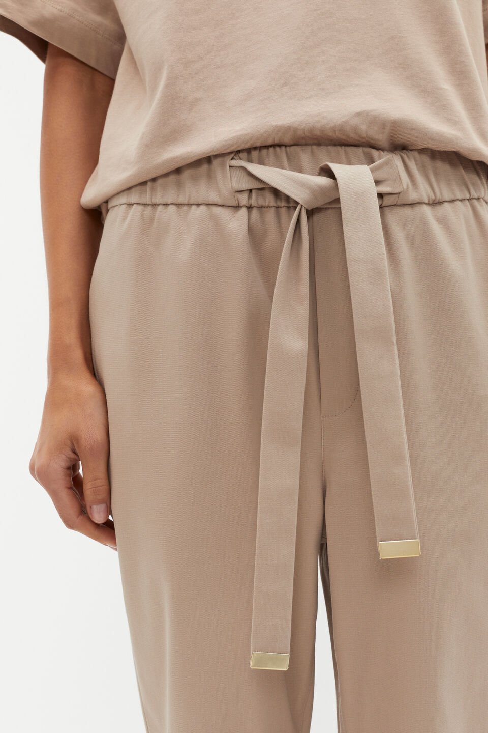Tapered Leg Tie Pant  Cookie