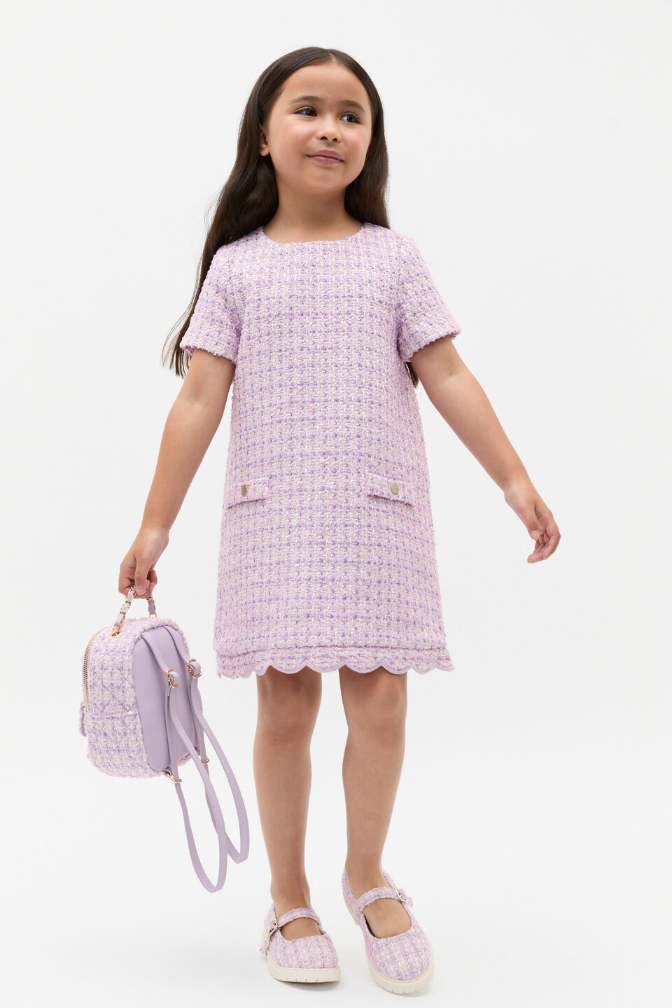 Scallop Tweed Dress  Soft Lilac