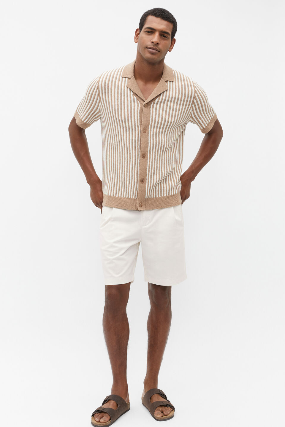 Textured Button Down Knit  Hazelnut Stripe